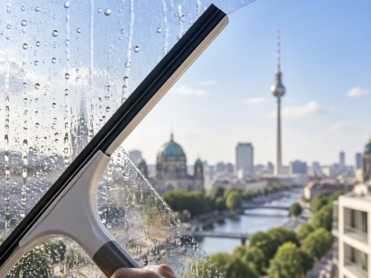 Kristallklare Fensterscheibe mit Blick über Berlin