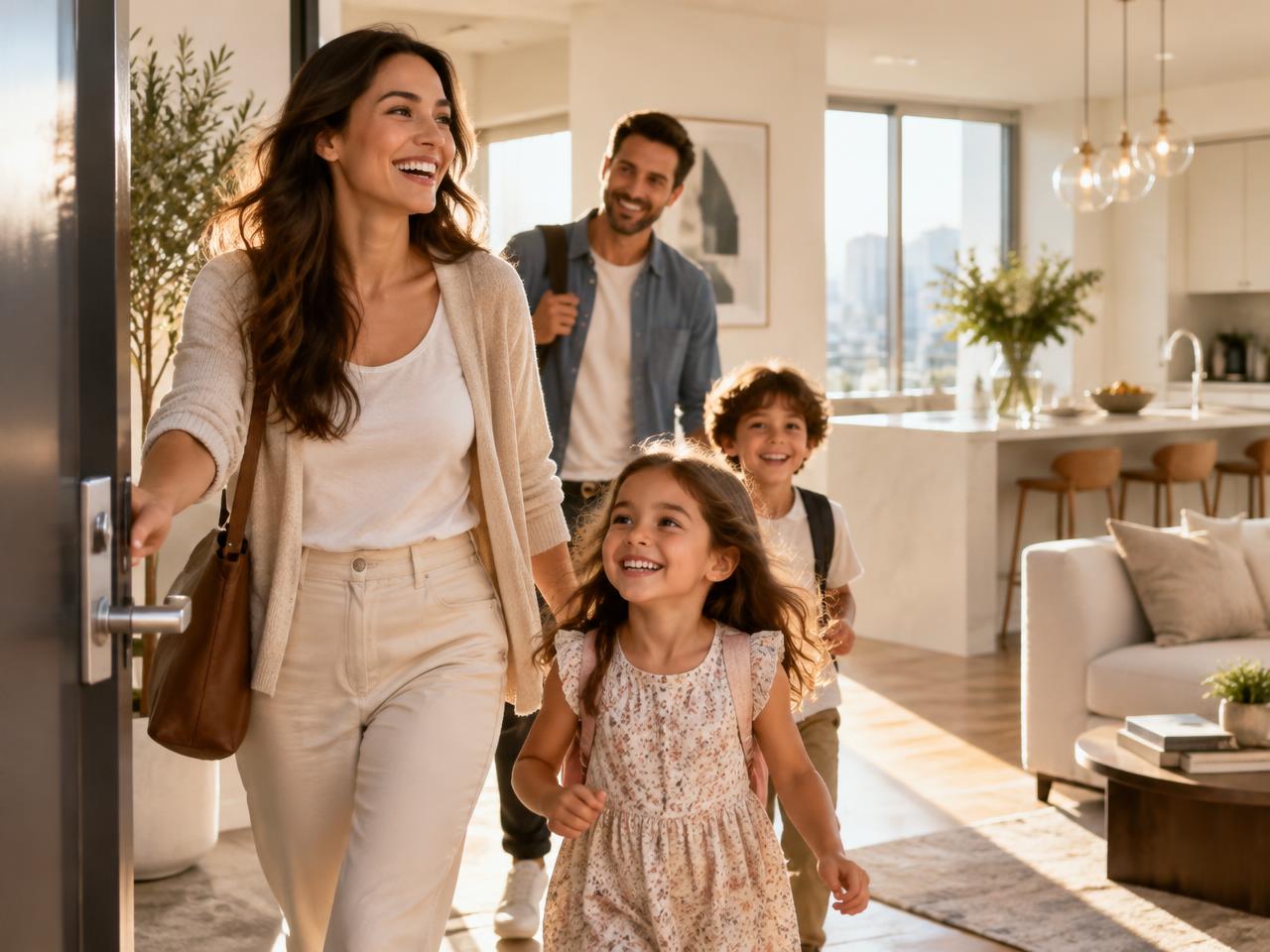 Familie kommt in ihr frisch gereinigtes Zuhause
